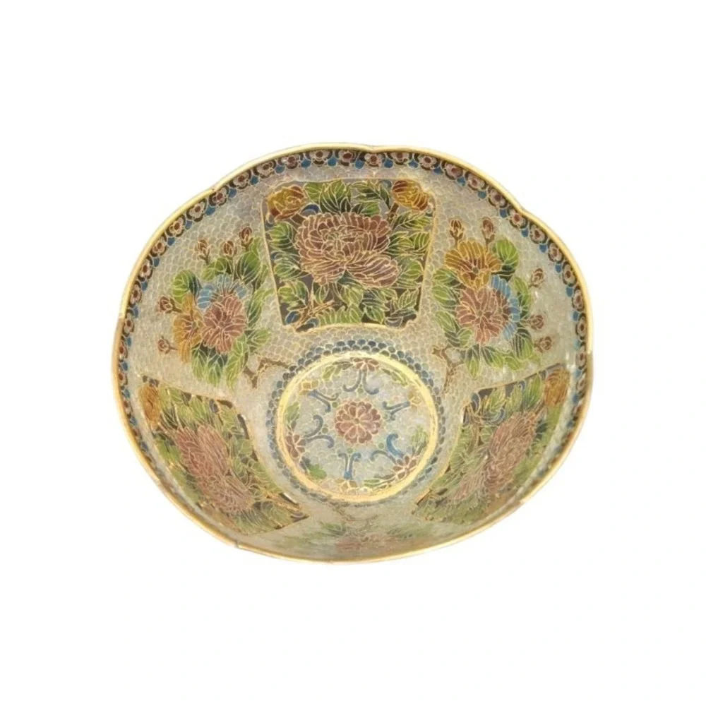 Antique Oriental Chinese Plique A Jour Glass Bowl with Flowers